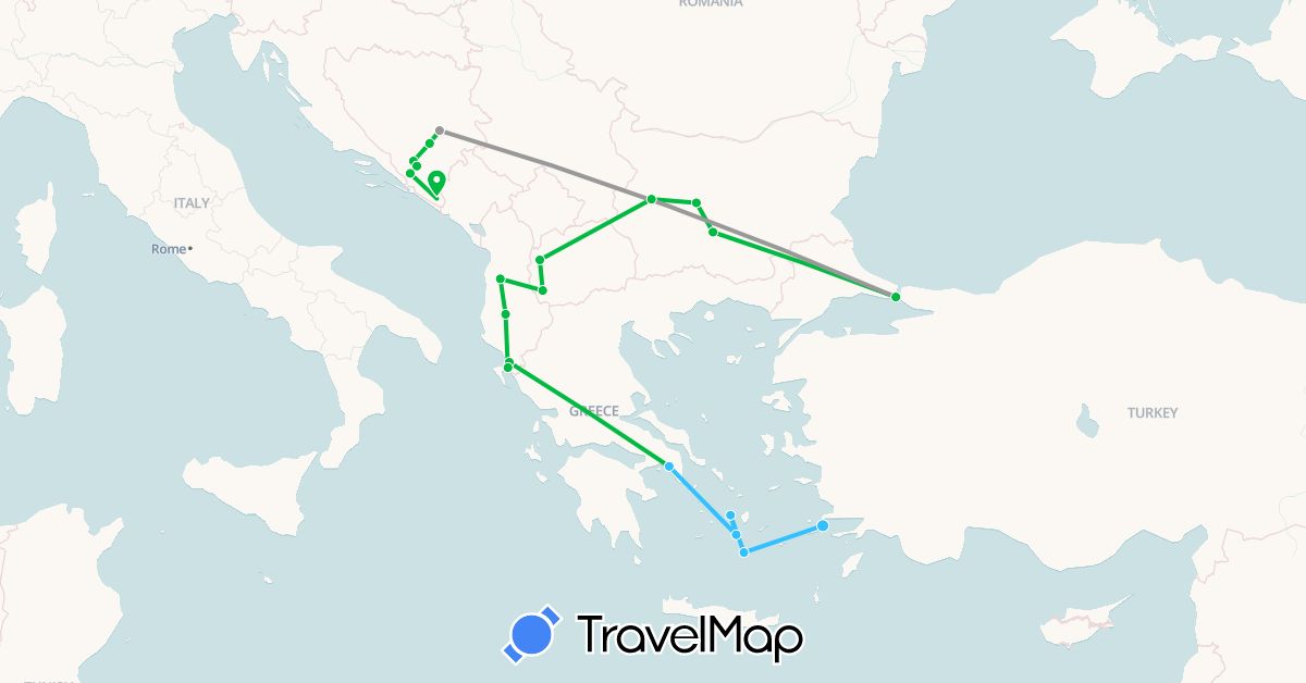 TravelMap itinerary: driving, bus, plane, boat in Albania, Bosnia and Herzegovina, Bulgaria, Greece, Macedonia, Turkey (Asia, Europe)